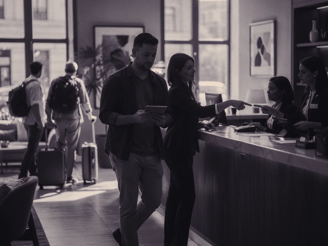A consultant and hotel manager test a digital enquiry-routing workflow