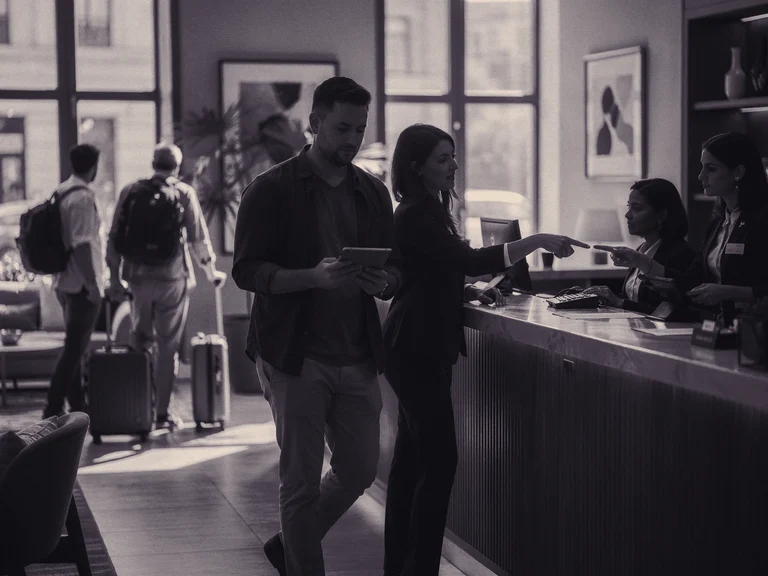 A consultant and hotel manager test a digital enquiry-routing workflow
