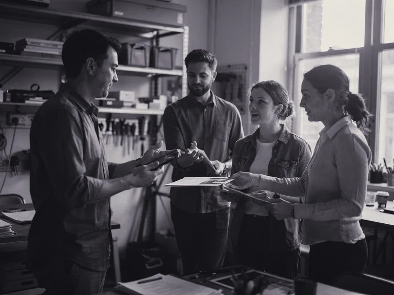 A team practices a new client-handoff workflow together