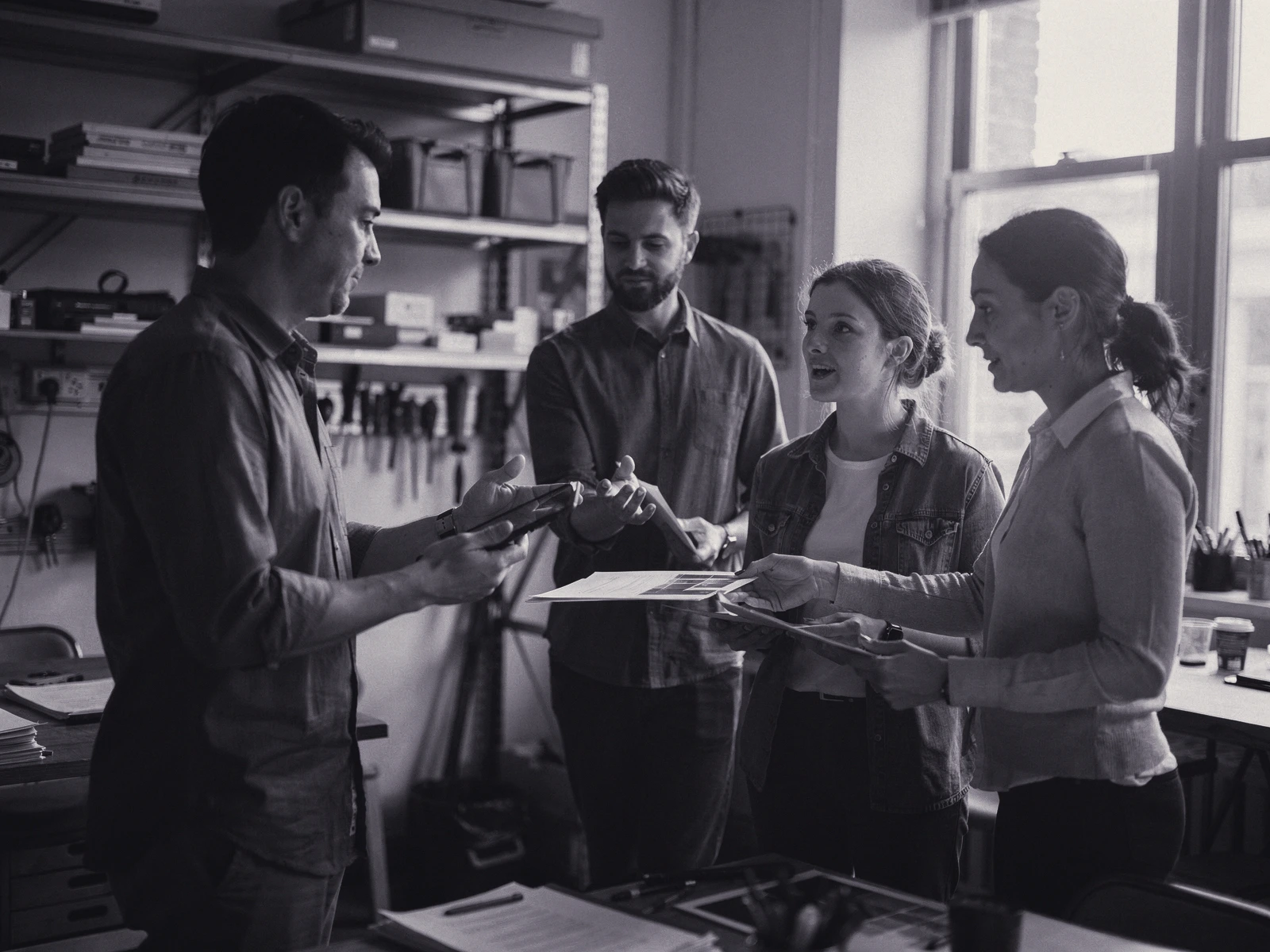 A cross-functional team practices a new client-handoff workflow with a facilitator inside their working studio