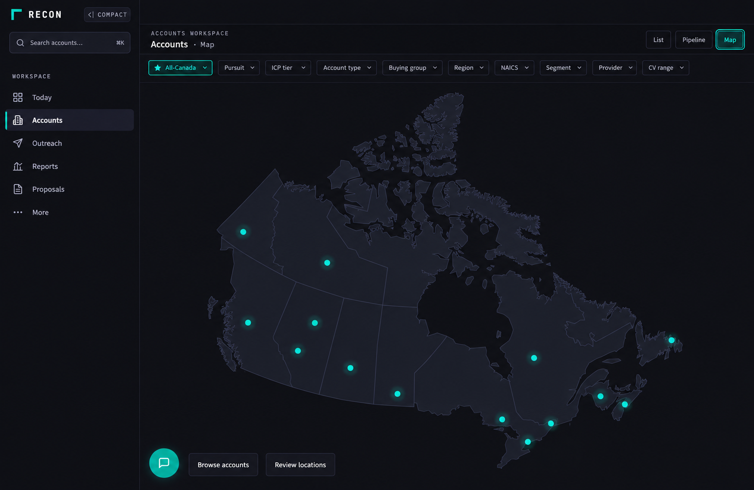 Recon map workspace, privacy-edited demonstration with illustrative locations and no customer or user names