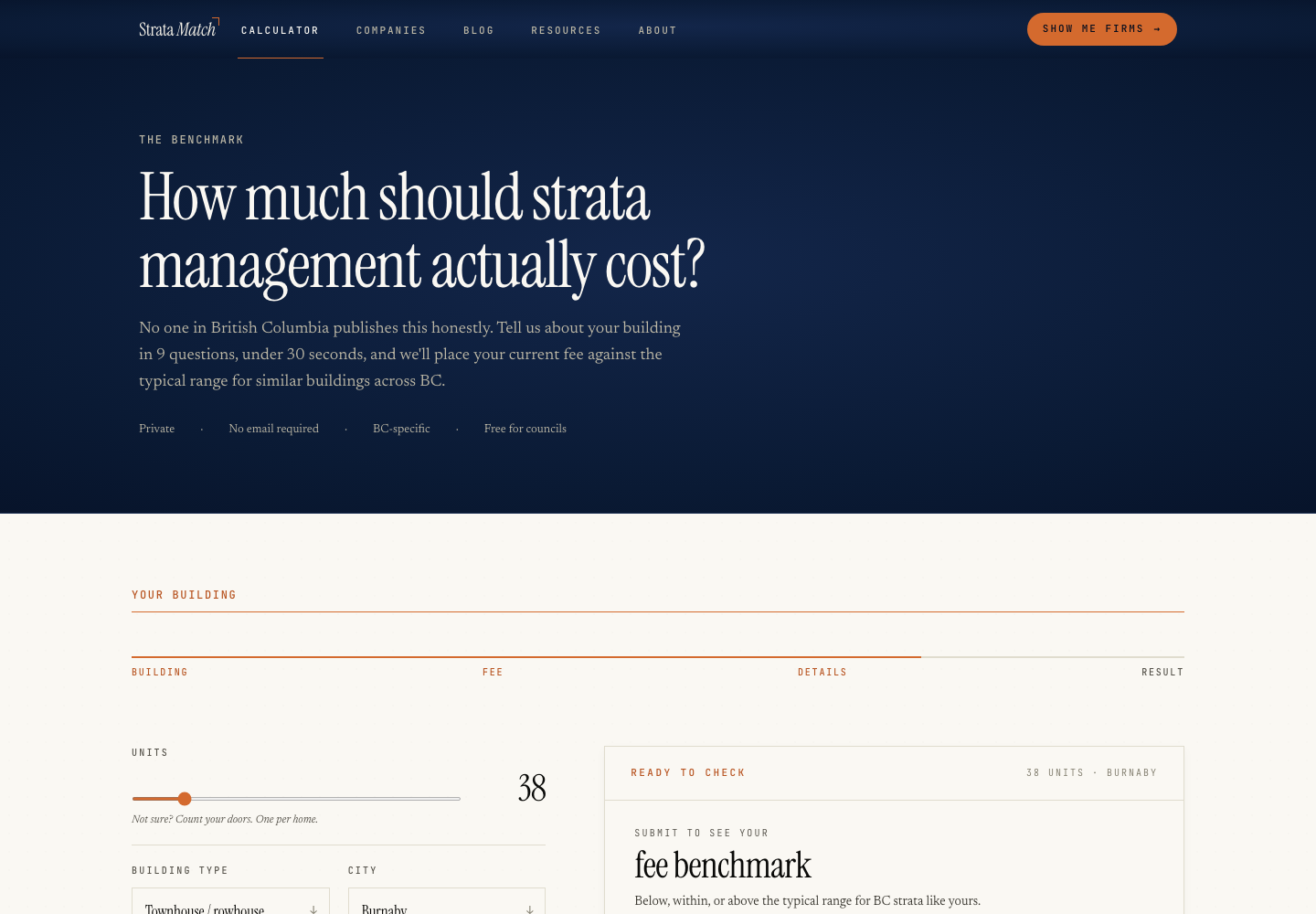 Strata Match fee calculator interface displayed inside a MacBook Air