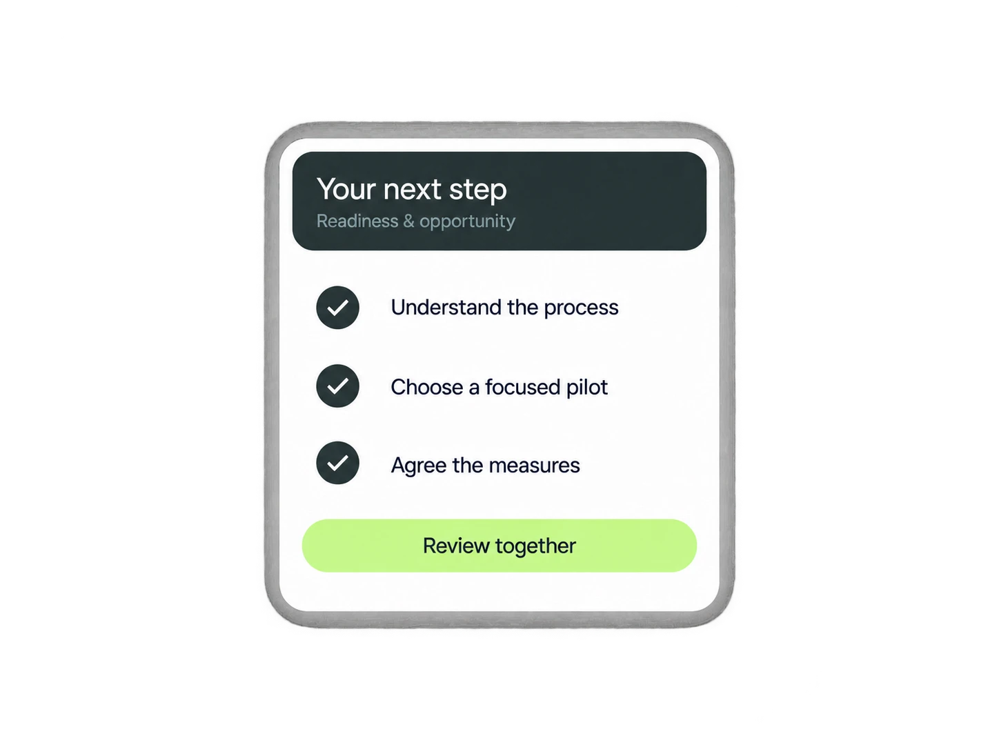 Assessment workspace showing reviewed notes, priorities, and a practical next-step synthesis