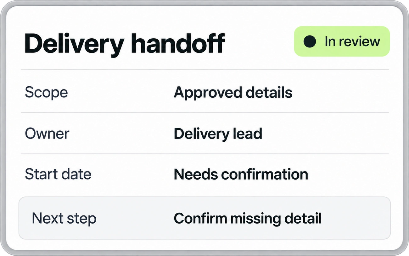 Delivery handoff concept showing approved information and a recipient who is responsible for the next task.