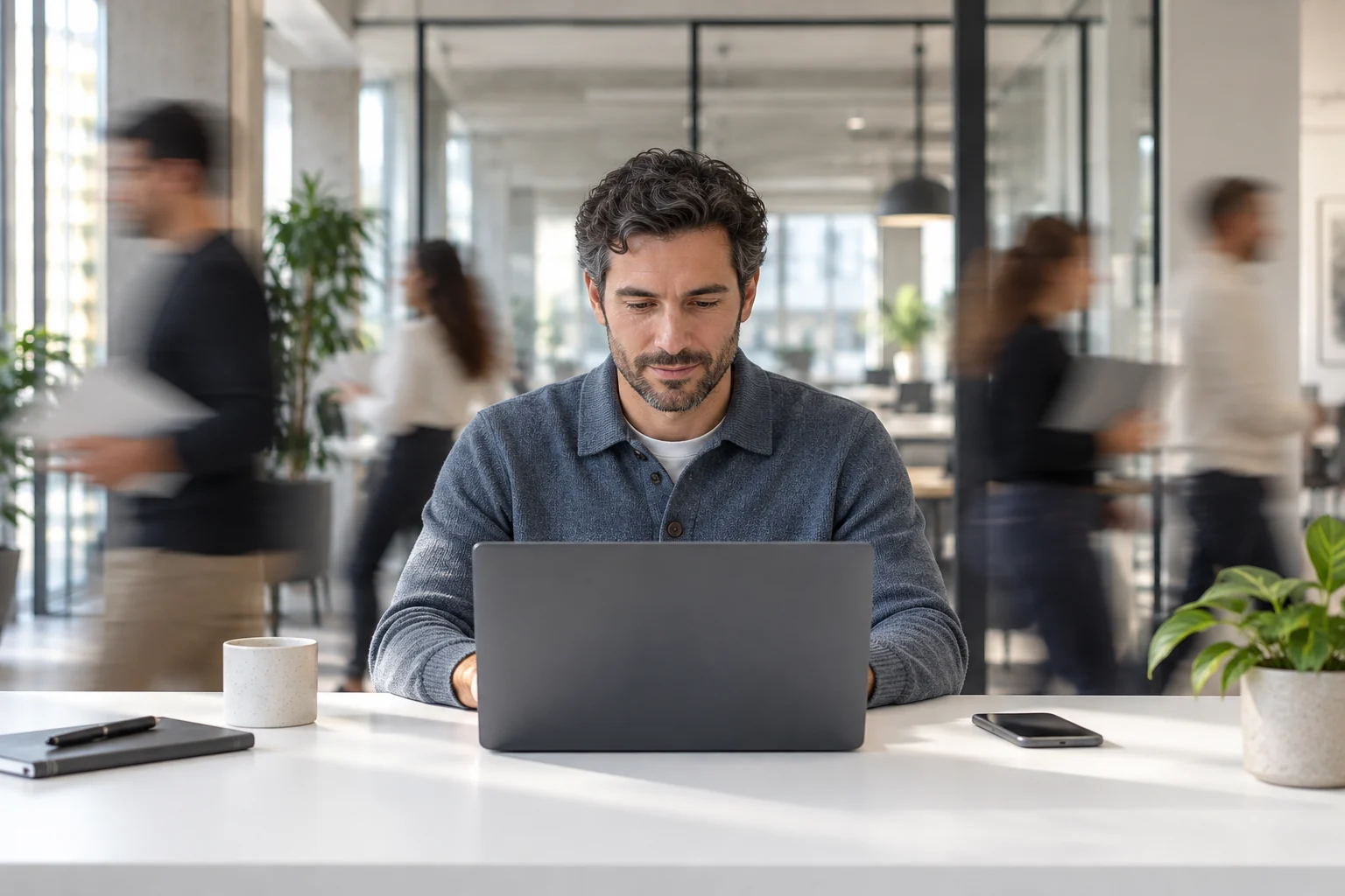 A man focuses on his laptop while colleagues move through a contemporary office behind him
