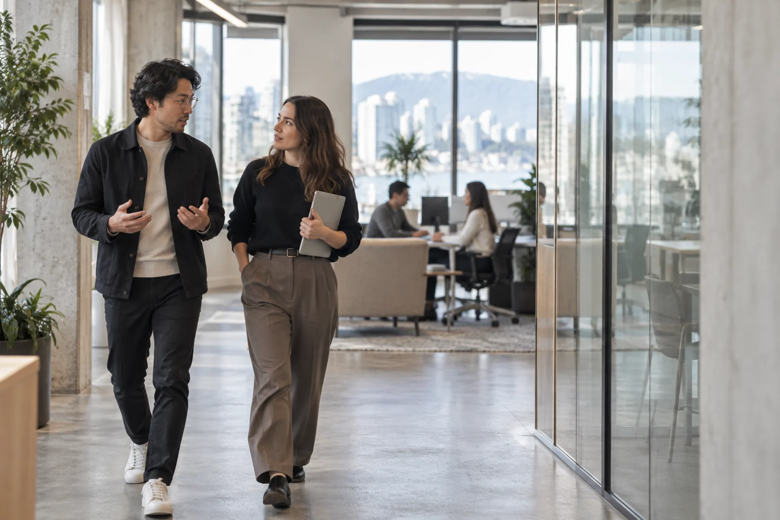 Two professionals walk through a modern Vancouver office while discussing their work