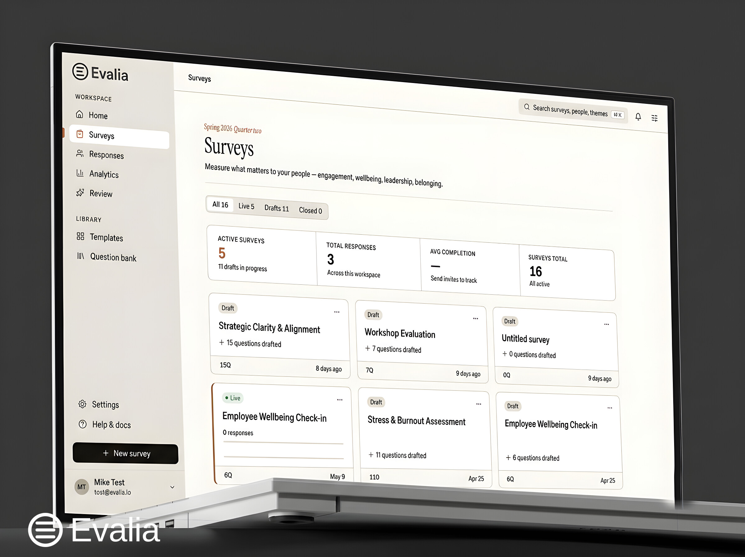Evalia survey platform on a laptop
