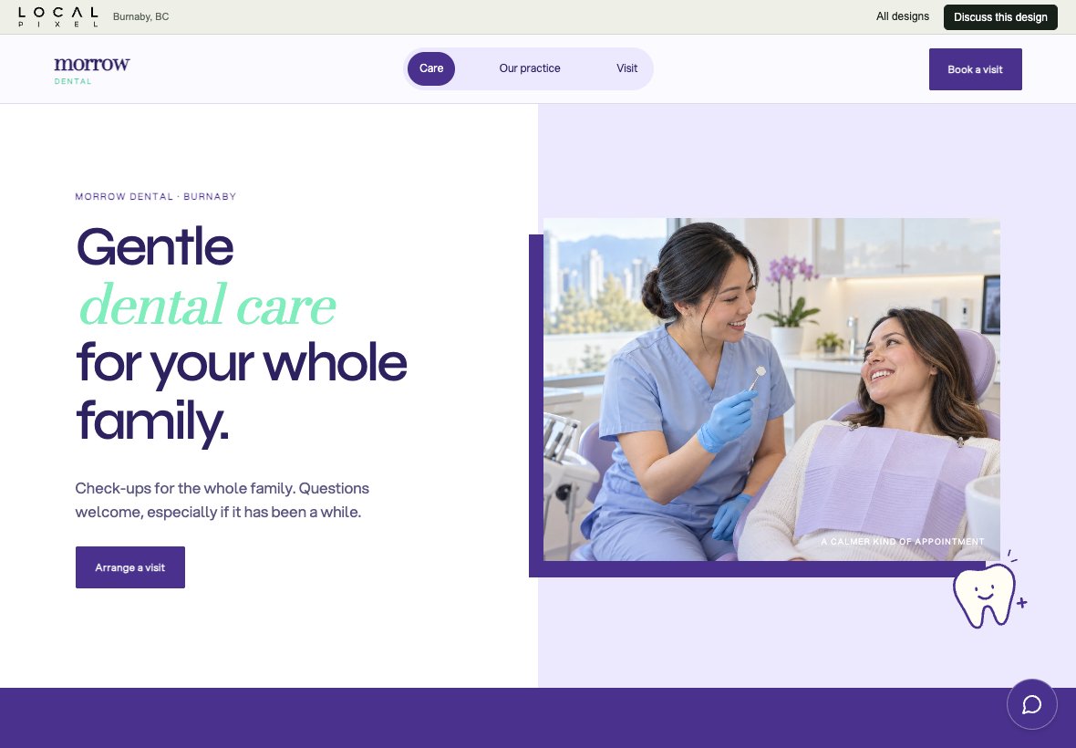 Morrow, a dental concept website preview on a landscape tablet