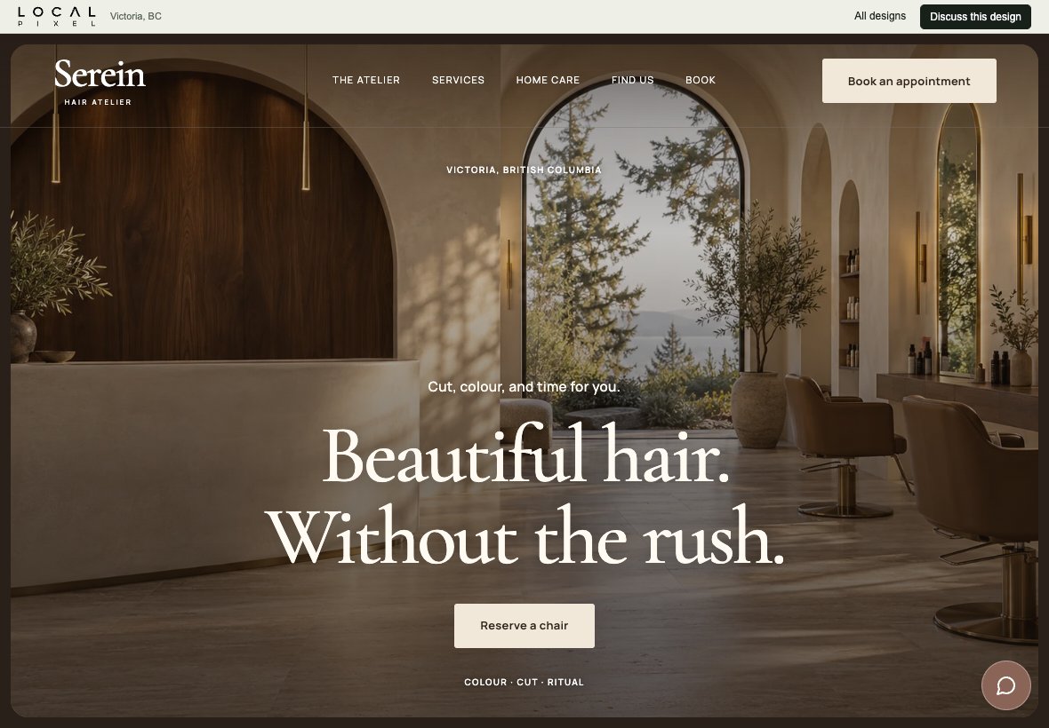 Serein, a hair atelier concept website preview on a landscape tablet