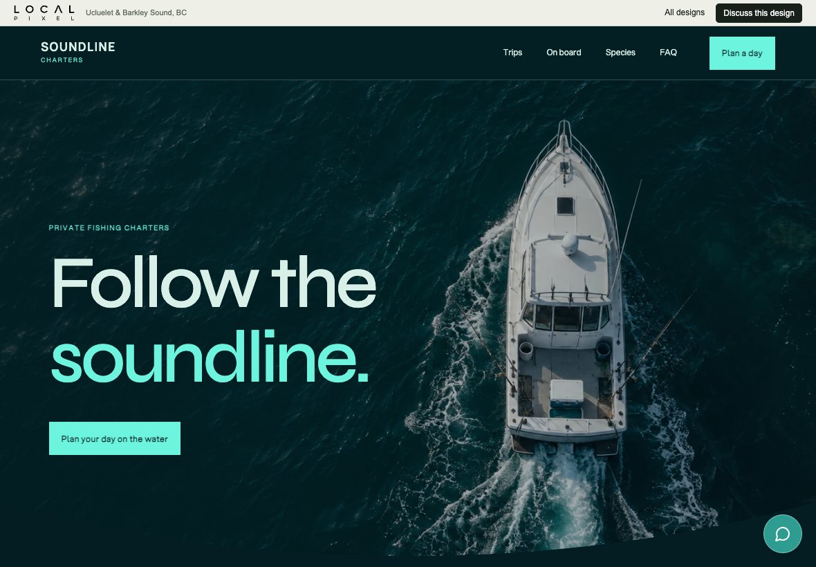 Soundline, a charters concept website preview on a landscape tablet