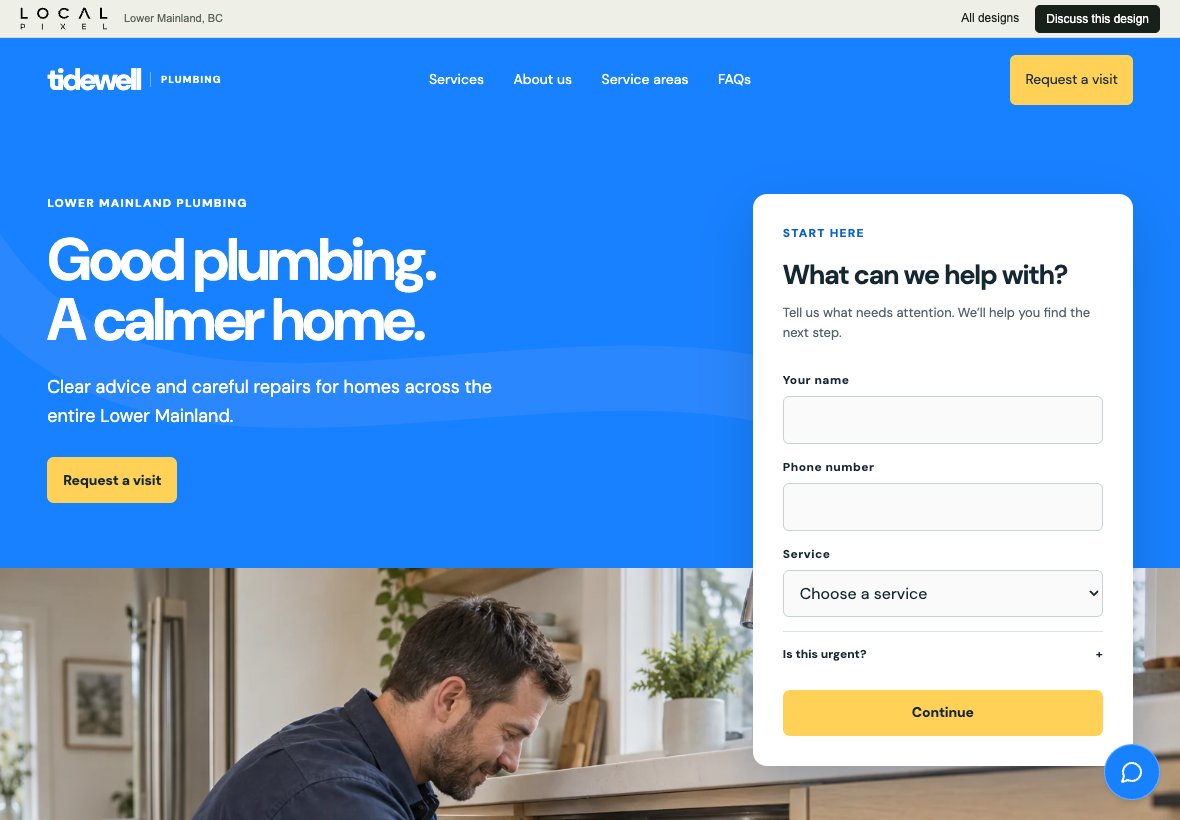 Tidewell, a plumbing concept website preview on a landscape tablet