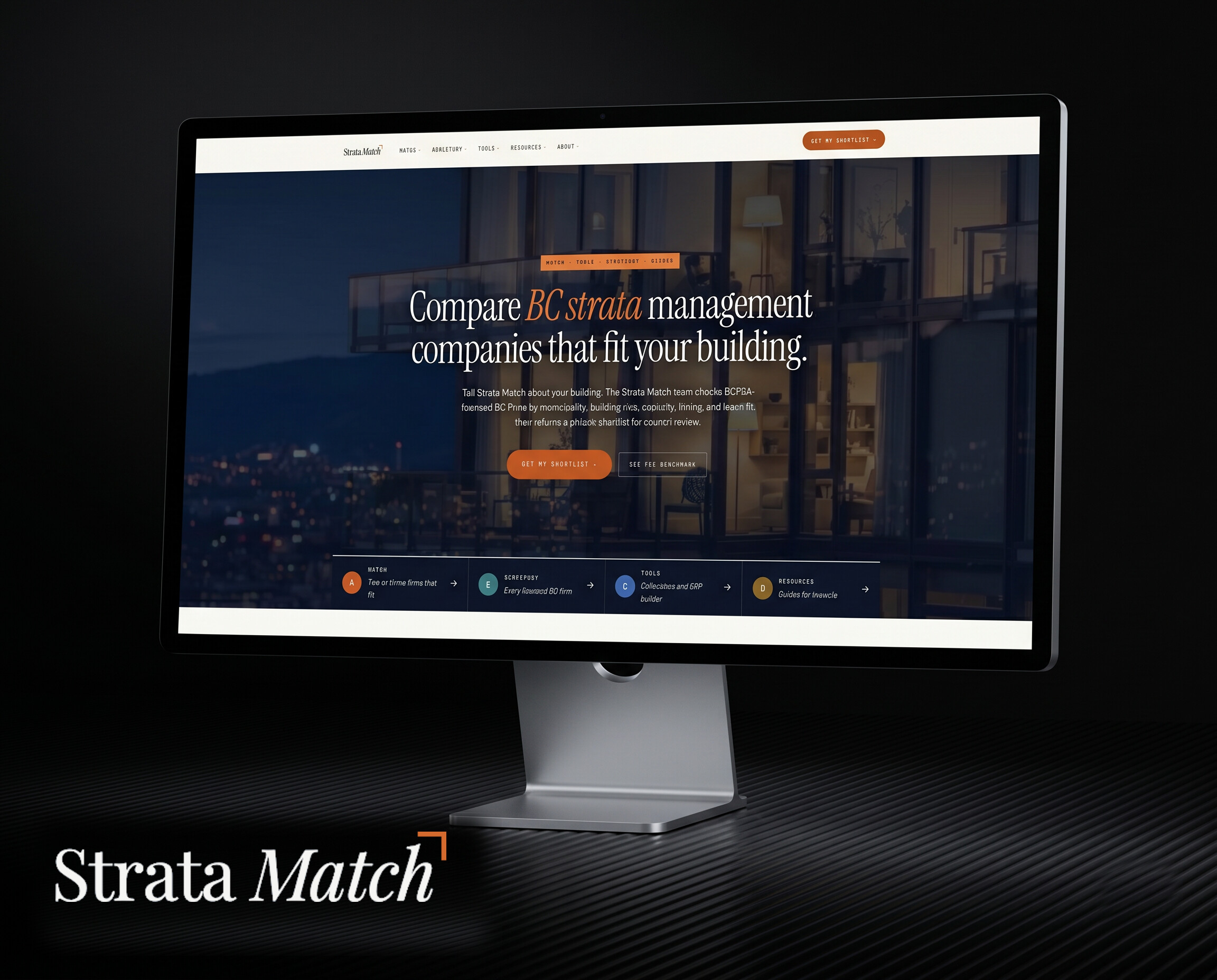 Strata Match council-management matching website displayed on a desktop monitor