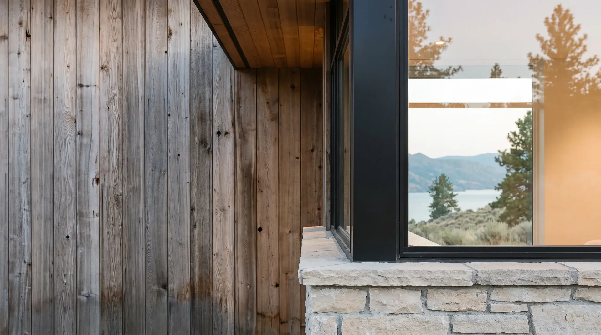 Stone, timber and dark metal material details