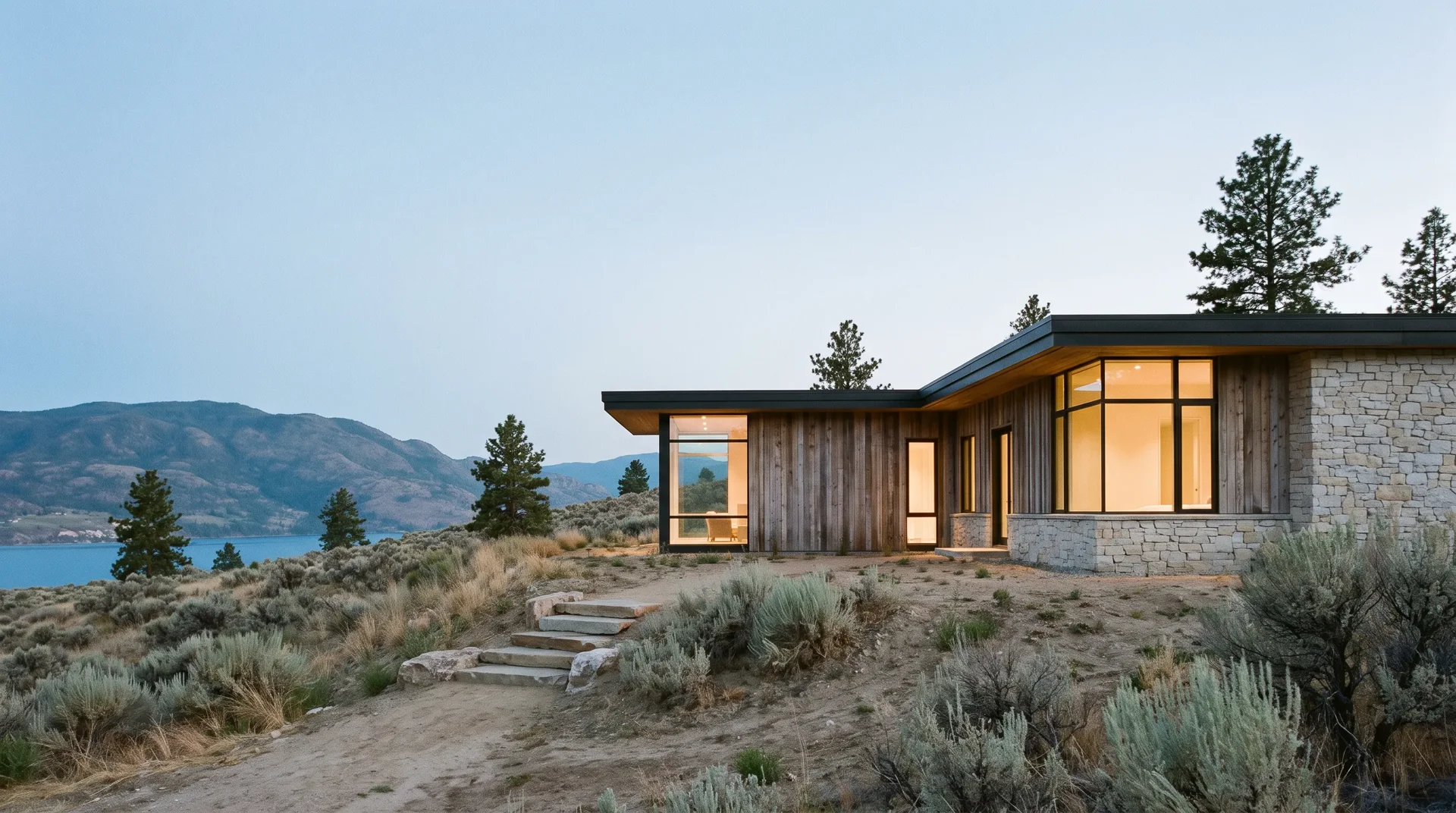 Hillside architecture framed by dry Okanagan grasses