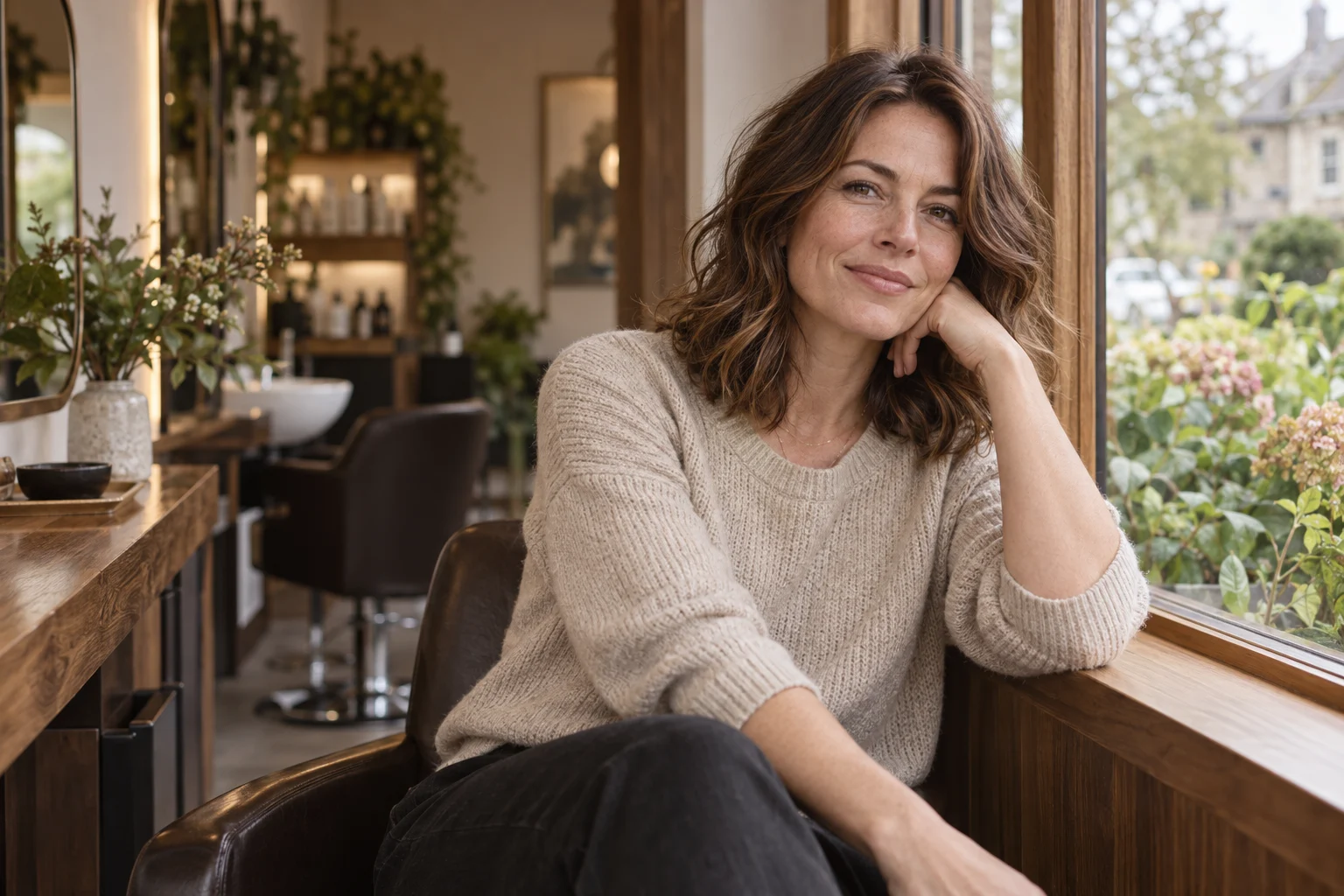 Illustrative portrait of a salon guest in natural window light