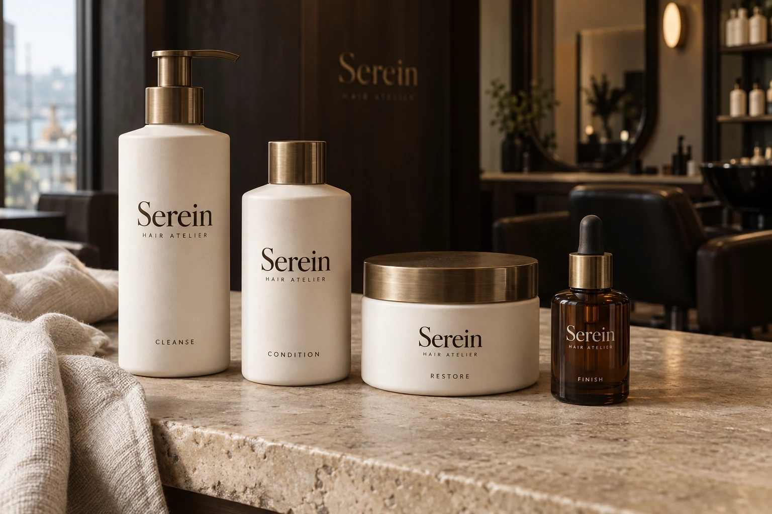 Serein branded shampoo, conditioner, treatment jar and hair oil in ivory and brushed brass packaging