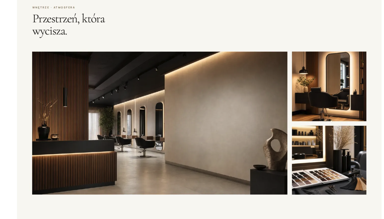 Warm salon reception with timber details and styling stations