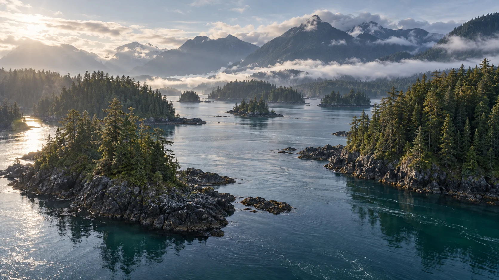 Evergreen islands and dark water in Barkley Sound