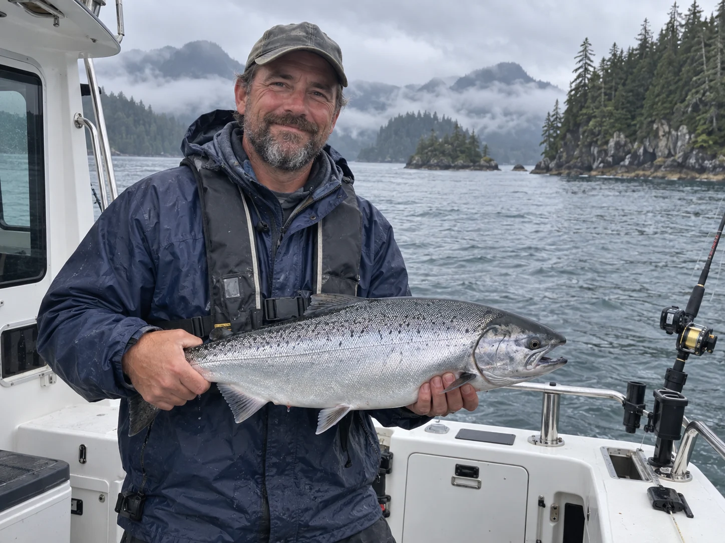 Fishing guide holding a salmon on a boat off the British Columbia coast