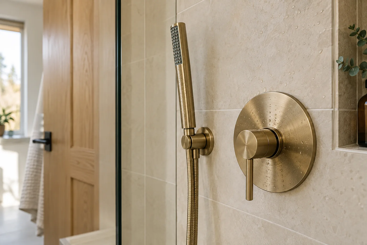 Brass shower controls on warm cream tile