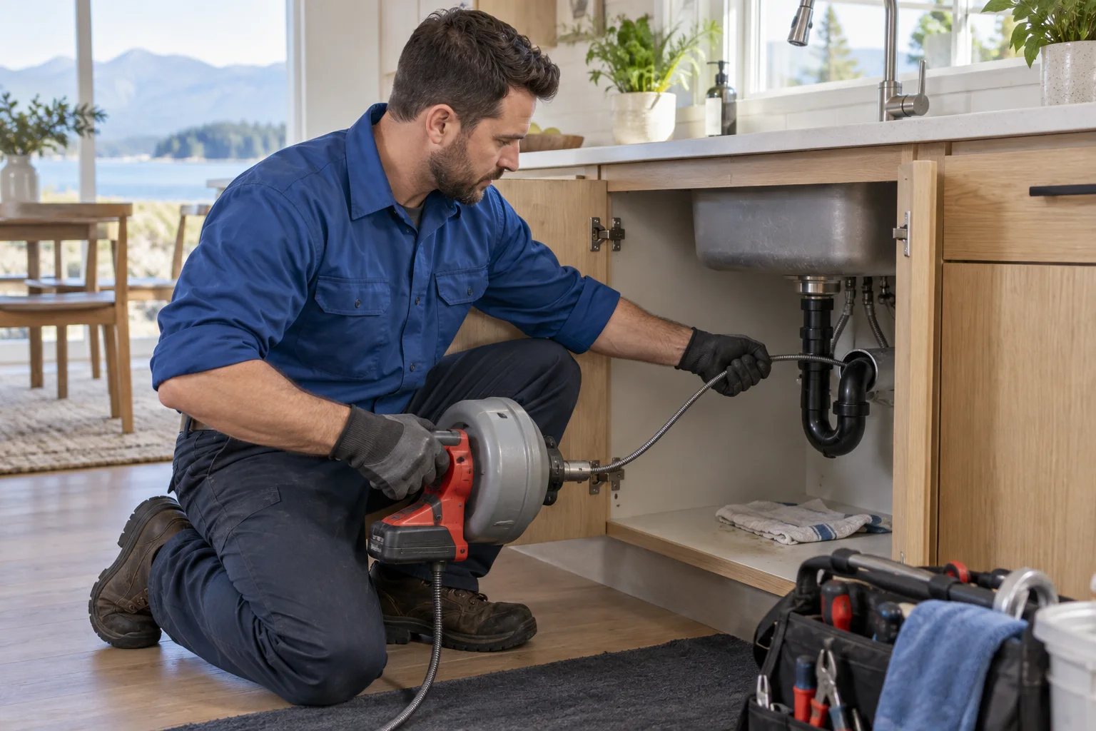 Plumber using a drain auger beneath a kitchen sink