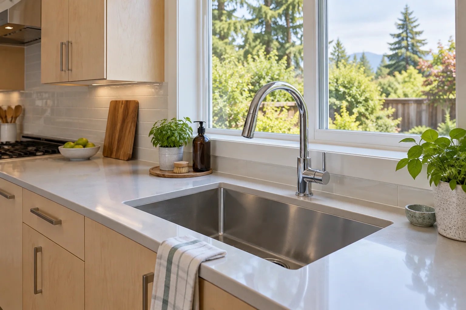 Finished sink installation in a bright Burnaby kitchen