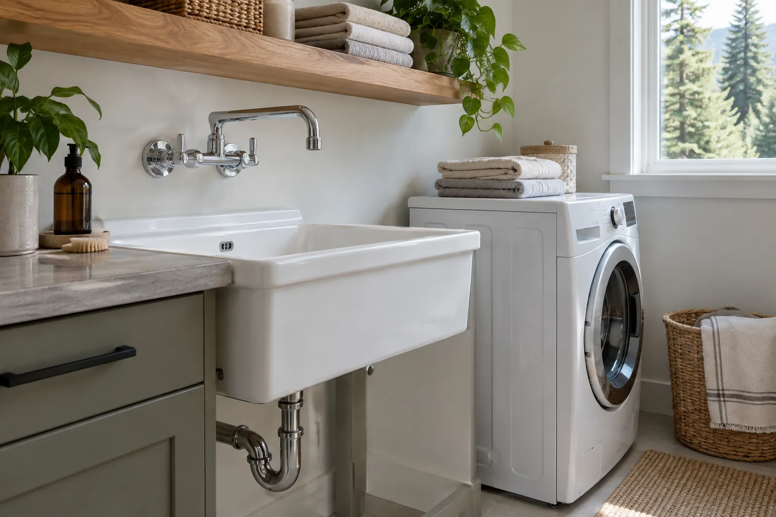 A finished laundry utility sink and wall-mounted tap