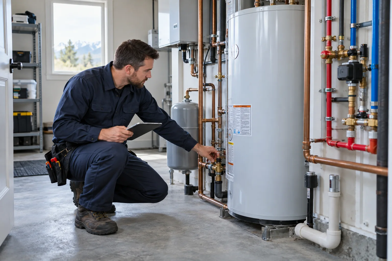 Plumber inspecting a residential hot water and pipe system