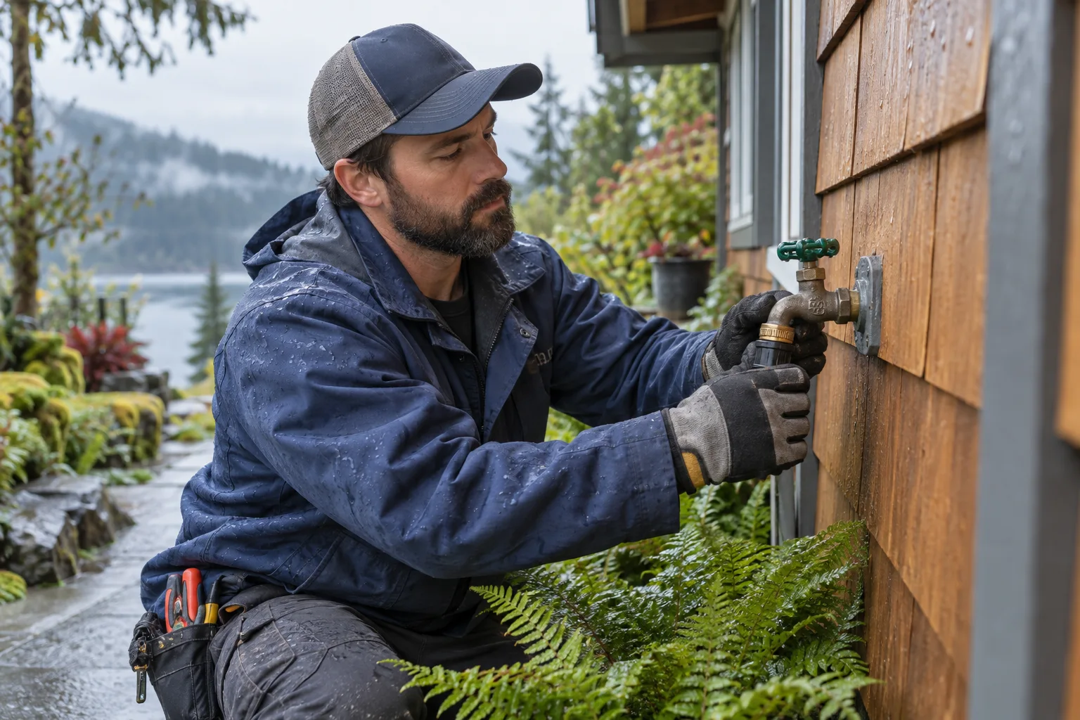 Outdoor hose bib service on a cedar-sided BC home