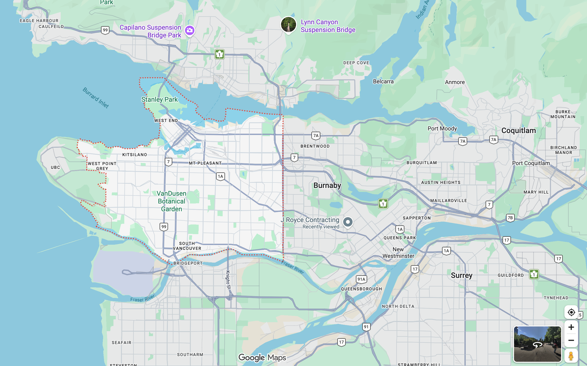 Google Maps view of Vancouver, Burnaby, the North Shore, Tri-Cities, Richmond, New Westminster and Surrey