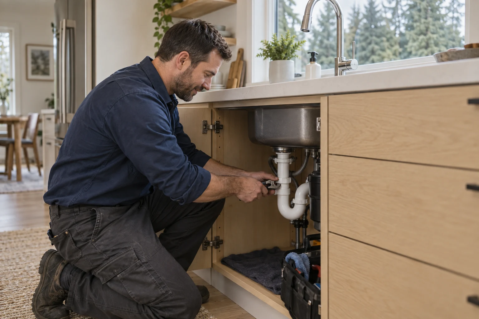 Plumber working beneath a kitchen sink in a Lower Mainland home