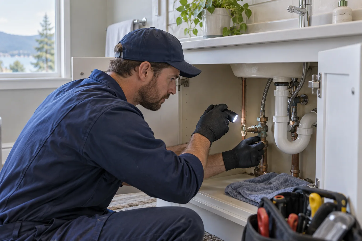 Plumber inspecting a leaking bathroom supply valve