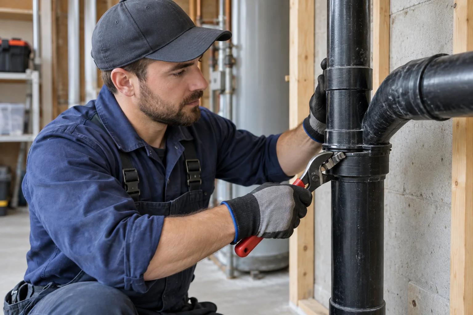 Plumber repairing a residential drainage pipe