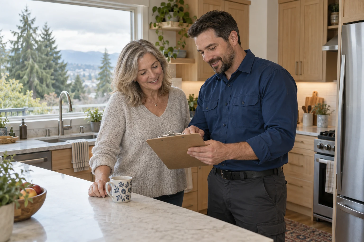 Plumber talking through options with a homeowner