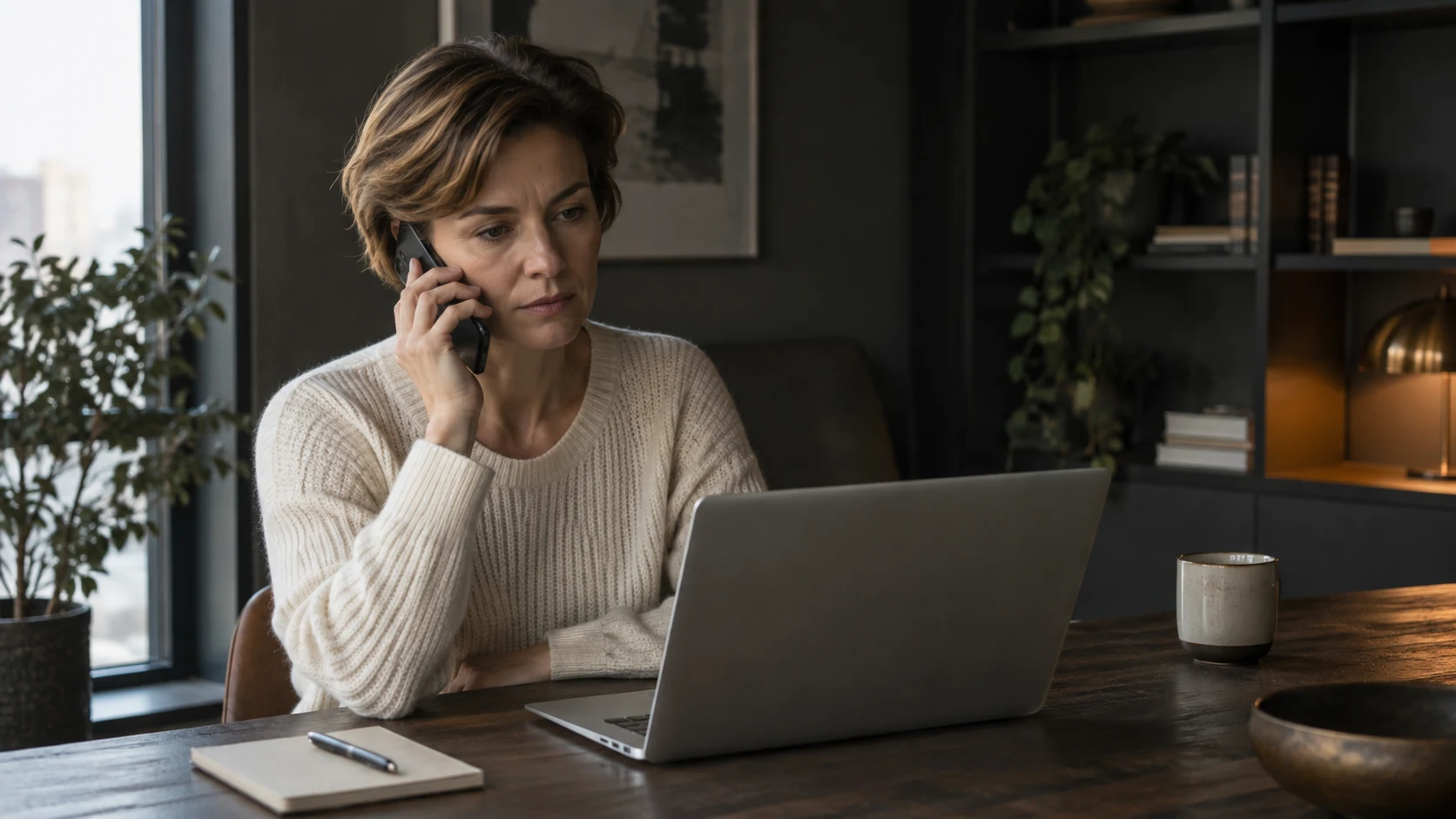 A business owner in an ivory sweater taking a phone call beside her laptop